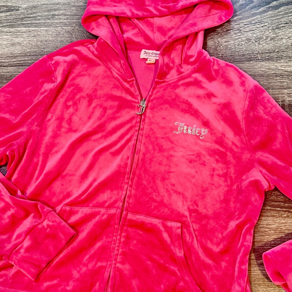 Juicy Couture Womens XL Pink Velour Full Zip Hoodie Rhinestone Logo‎ Y2K Bling